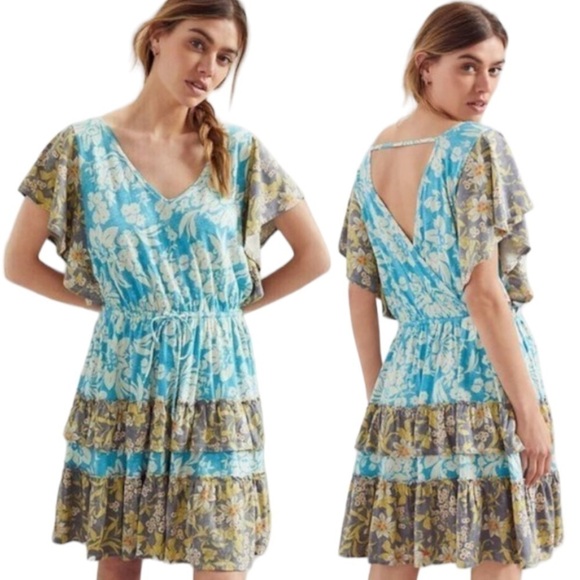 Daily PRACTICE by Anthropologie Tiered Ruffle Floral Flutter Sleeve Mini Dress - Picture 1 of 15